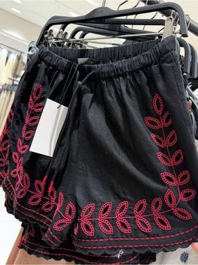 Zara Women’s Black Shorts with Red Embroidered Leaf Trim